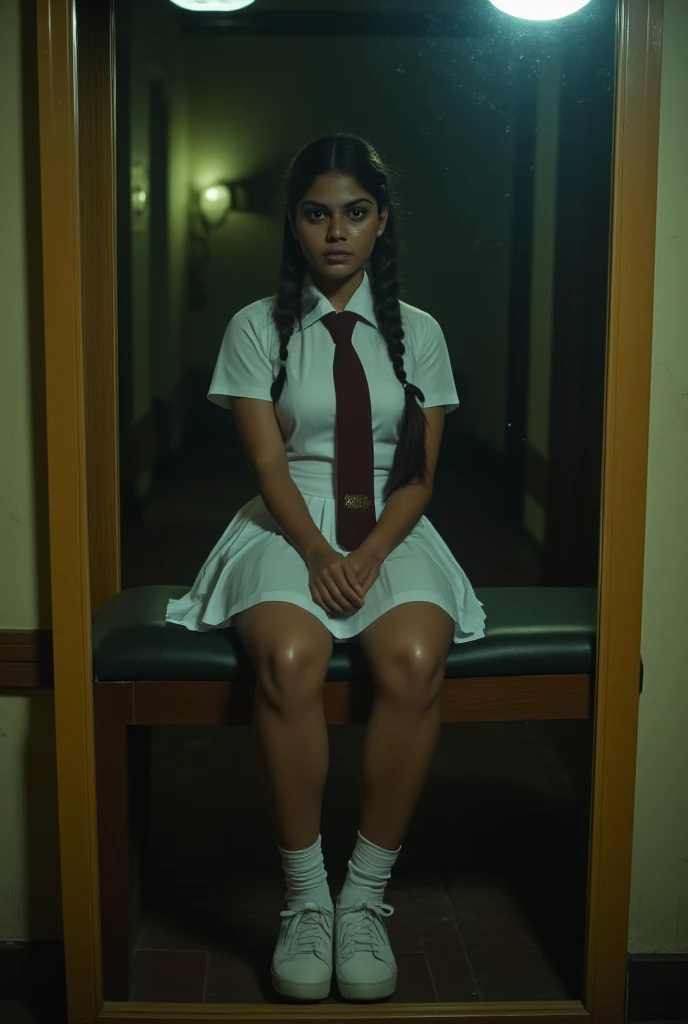 portrait of a beautiful cute young teen school girl in a Sri Lankan horror movie, Sri Lanka ,She has plaits, black braided long hair, correct anatomy of other body parts, large chest size , wearing detailed white frock uniform, wearing dark red colored tie , wearing folded white socks and white sneakers , full body , tan color skin, sweaty body, curvy body, sitting on a bench in front of a mirror, she is looking through mirror, scary vibe, hyper realistic, moody environment, glowing ambient lights, glowing skin, cinematic lighting, 8k, masterpiece, intricate details, vintage and retro Aesthetics in 80s