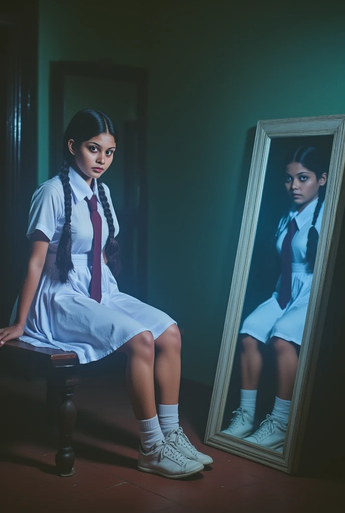 portrait of a beautiful cute young teen school girl in a Sri Lankan horror movie, Sri Lanka ,She has plaits, black braided long hair, correct anatomy of other body parts, large chest size , wearing detailed white frock uniform, wearing dark red colored tie , wearing folded white socks and white sneakers , full body , tan color skin, sweaty body, curvy body, sitting on a bench in front of a mirror, she is looking through mirror, scary vibe, hyper realistic, moody environment, glowing ambient lights, glowing skin, cinematic lighting, 8k, masterpiece, intricate details, vintage and retro Aesthetics in 80s