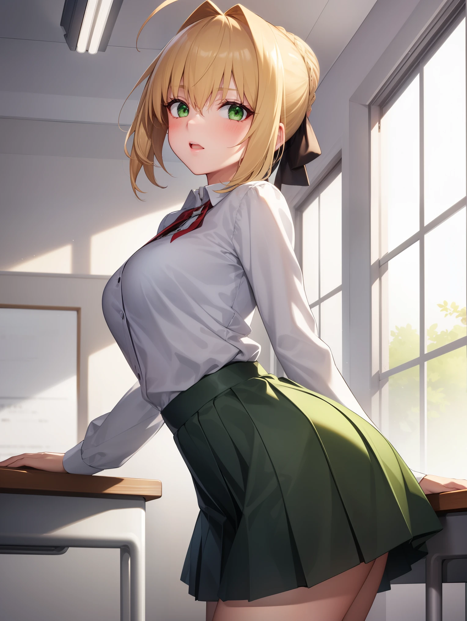 1girl,fgonero, nero, ahoge, blonde hair, (green eyes:1.5), hair between eyes, hair intakes, 
BREAK ((long sleeves, skirt, green skirt, pleated skirt, short skirt:1.2)),
BREAK looking at viewer, standing, leaning forward, arms behind back,
BREAK indoors, classroom,
BREAK (masterpiece:1.2), best quality, high resolution, unity 8k wallpaper, (illustration:0.8), (beautiful detailed eyes:1.6), extremely detailed face, perfect lighting, extremely detailed CG, (perfect hands, perfect anatomy),