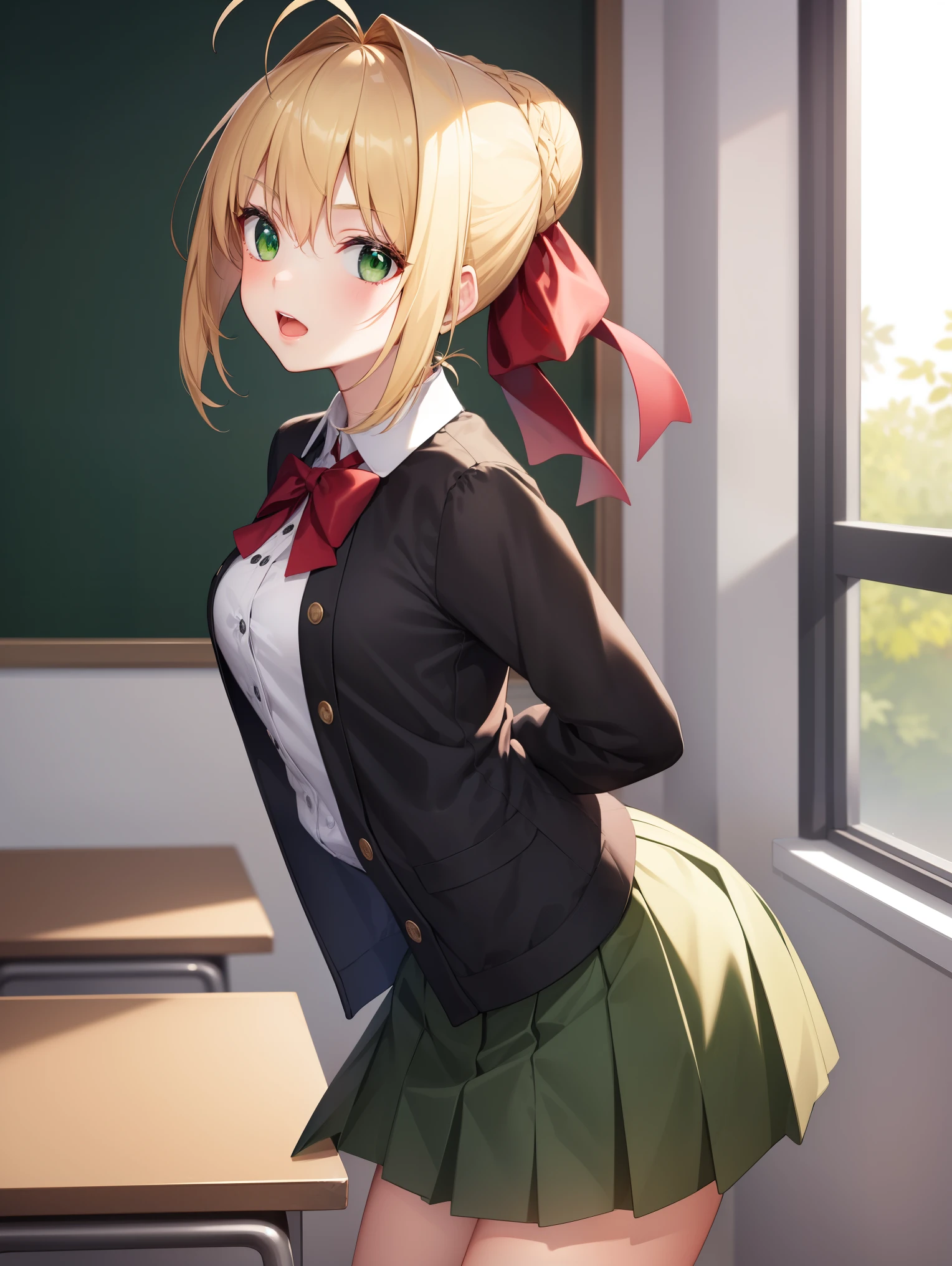 1girl,fgonero, nero, ahoge, blonde hair, (green eyes:1.5), hair between eyes, hair intakes, 
BREAK ((long sleeves, skirt, green skirt, pleated skirt, short skirt:1.2)),
BREAK looking at viewer, standing, leaning forward, arms behind back,
BREAK indoors, classroom,
BREAK (masterpiece:1.2), best quality, high resolution, unity 8k wallpaper, (illustration:0.8), (beautiful detailed eyes:1.6), extremely detailed face, perfect lighting, extremely detailed CG, (perfect hands, perfect anatomy),