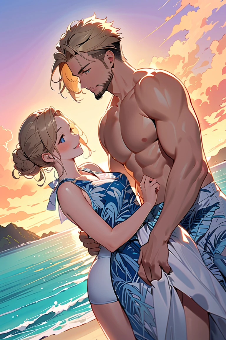 8k, masterpiece, view from the front, 1girl ((nami \(one piece\), covering crotch, hands on own chest, slim figure and detailed hands, detailed fingers, detailed eyes, detailed lips, sexy, bangle, bangs, bare shoulders, belt, bikini, bikini top only, blue sky, bracelet, breasts, brown eyes, bubble, cleavage, cloud, cowboy shot, day, denim, earrings, floating hair, green belt, green bikini, groin, jeans, jewelry, large breasts, log pose, long hair, looking at viewer, navel, orange hair, pants, shoulder tattoo, sidelocks, sky, standing, stomach, swimsuit, tattoo, (facial expression: having orgasm, blushing, eyes closed, head tilted back)), ((1boy with white hair wearing men's swimwear)), ((1boy pulling girl's panties from behind)), ((1boy grabbing girl's breast from behind)), by the beach at night, moonlight, nsfw, doggystyle

