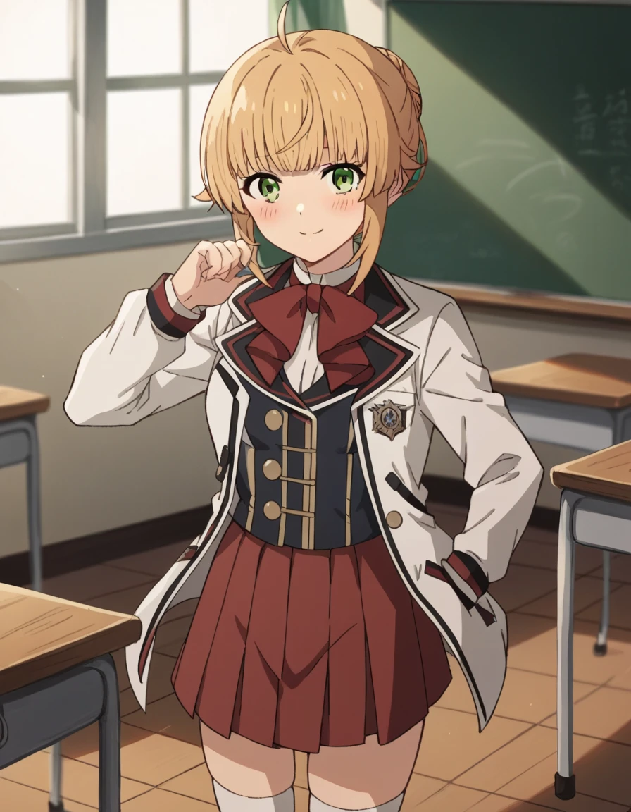 NSFW, score_9, score_8_up, score_7_up, source_anime, norngreyrat, norn greyrat, bangs, blonde hair, green eyes, ahoge, long sleeves, bun, jacket, bow tie, red bow, skirt, red skirt, white jacket, indoor, classroom, standing, smile, skirt, looking at viewer, cowboy shot, black shoes, white stockings, medium breasts, blushing