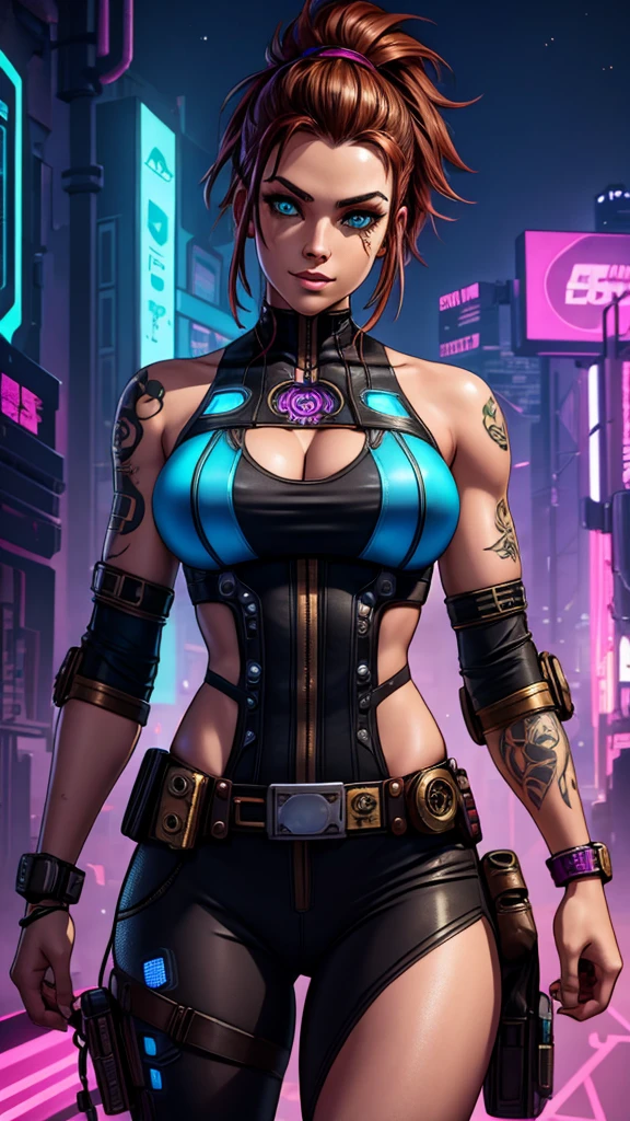 Kate Kuray, smiling, ((best quality)), ((masterpiece)), (high definition:1.3), 3D, beautiful (cyberpunk:1.3), stylish woman looking at camera pink leather clothes, sleeveless, embarrassed, waist skin invisible, pink leather pants, silver zipper,belt below the waist,super fine illustration,brown hair , showing forehead, silver center zipper, leather blue black bodysuit, sleevelesblue blacks, shiny, blonde ponytail, thick thighs