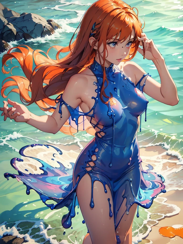 (masterpiece, best quality), ((1girl, solo, long hair)), Ishmael_limbus, innocence expression, bare arms, bare shoulders, bare neck, watercolor, sundress, liquid clothes, water, waves, water dress, blue_theme, night, mist, dark, sharp focus, sea, see-through dress, orange hair