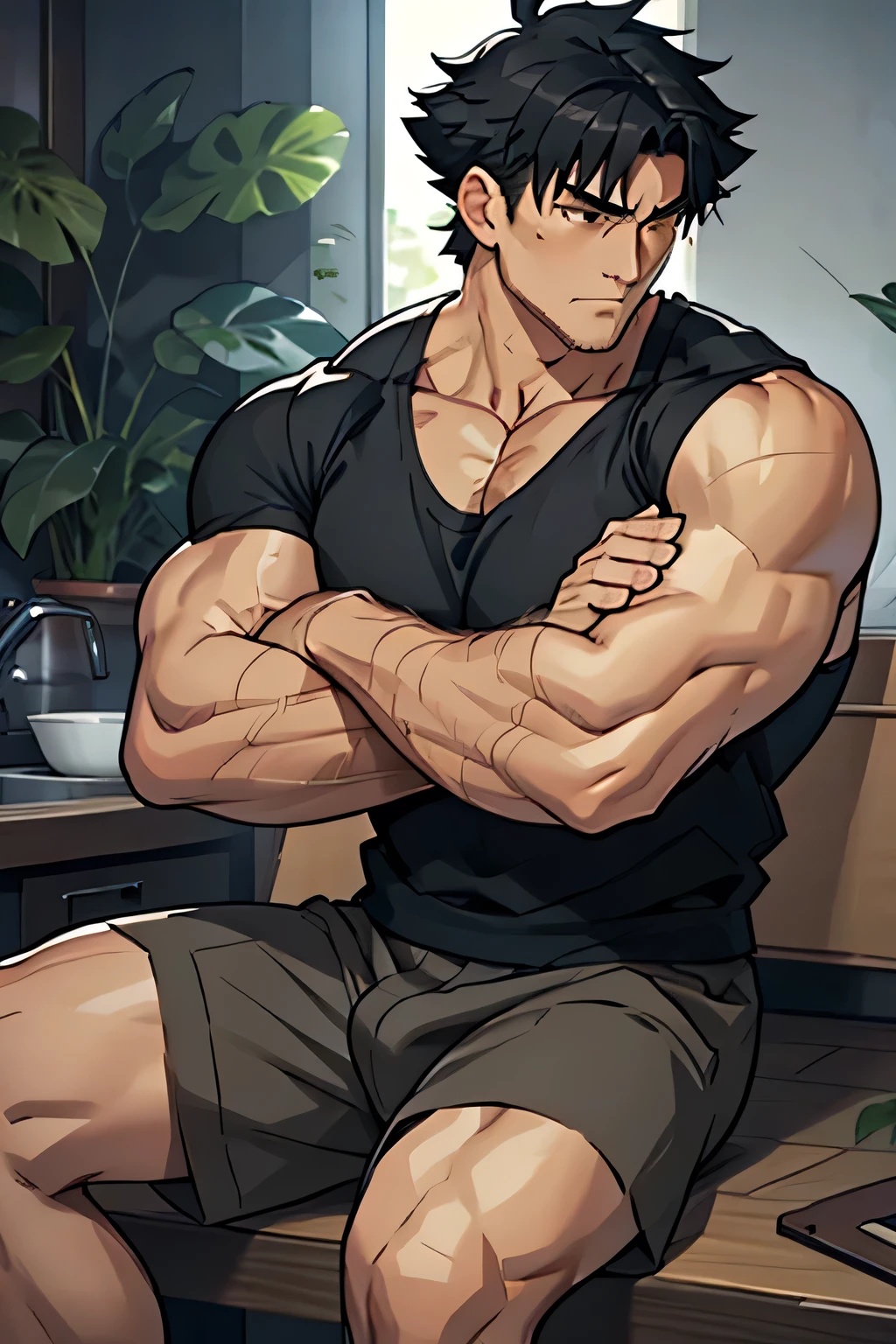 Kiritsugu is sitting and flexing his thighs. He is wearing a black tanktop. The right sleeve of his boxers is completely rolled up, so you can see his entire thigh. He wears black short boxershorts. You can see his thighs completely. He has a huge bulge. He is admiring his arms by touching them. His arms are full of visible huge thick veins.