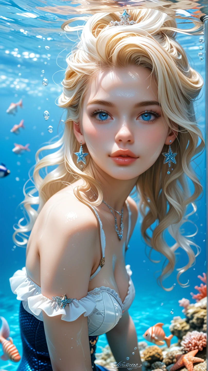  Unrealistically beautiful blonde with a chiseled figure ,  with big blue eyes ,  with long white hair , sharp nose, plump lips, pale face,  European face type , тип фигуры песочные часы 90-60-90, mermaid,  beautiful detailed tail , shiny scales, under water,  bizarre underwater world , держит в руках маленького светящегося голубым неоновым светом морского конька  bizarre й формы , Clear Detail ,  starfish, fishes, seahorses, Armed,  bizarre , masterpiece,  fantasy,gmper realistically 