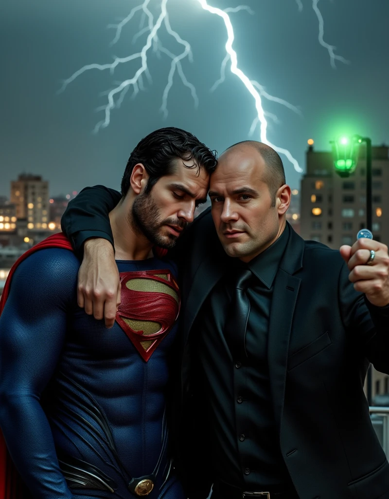 Portrait-style image featuring two men on city rooftop, a electrical storm background. The man on the left is leaning on the shoulder of the other man, pained facial expression, almost unconscious, his eyes are closed, walking with difficulty, he looks like, h3nr4, Henry Cavill, dressed in a Superman costume, characterized by a blue suit with a large red and yellow 'S' emblem on the chest. He has short, dark hair, Short stubble, light skin, pained facial expression, almost unconscious. The man on the right is bald, has light skin, and is wearing a black suit with a black shirt and tie. He has a serious expression and is holding up his right fist, which is adorned with a green ring that emits a faint glow. The overall composition suggests a dynamic interaction between the two characters.