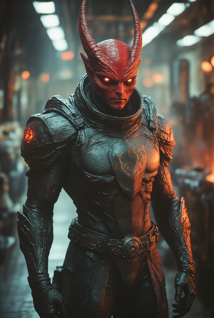 Anthropomorfic alien character with red skin, as a scifi mercenary, insect like, front view, medium shot, spaceship interior background, epic poster art by greg rutkowsky, scifi, fantasy, action, breathtaking, digital painting, highly detailed, pinterest, artstation, eve online, starfield.