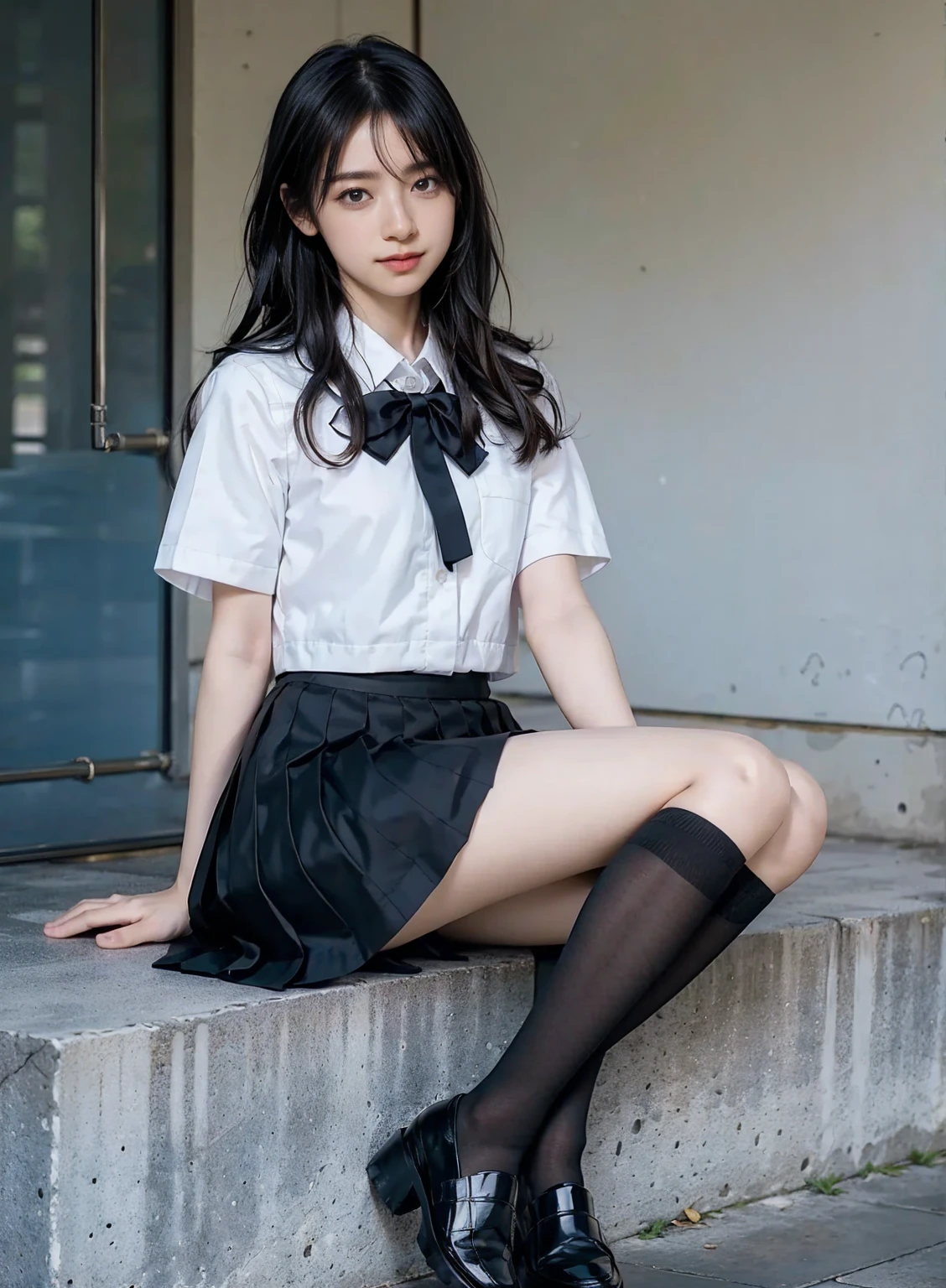 elegant, masterpiece, intricate, realistic, best quality, absurdres, detailed high face detail, perfect eyes, illustration, detailed, kawaii bad girl, feet out of frame, mini skirt, serafuku, kneehighs, loafers, squatting, wind blowing hair, smooth hair, beautiful hair, detailed hair, messy hair, short hair,