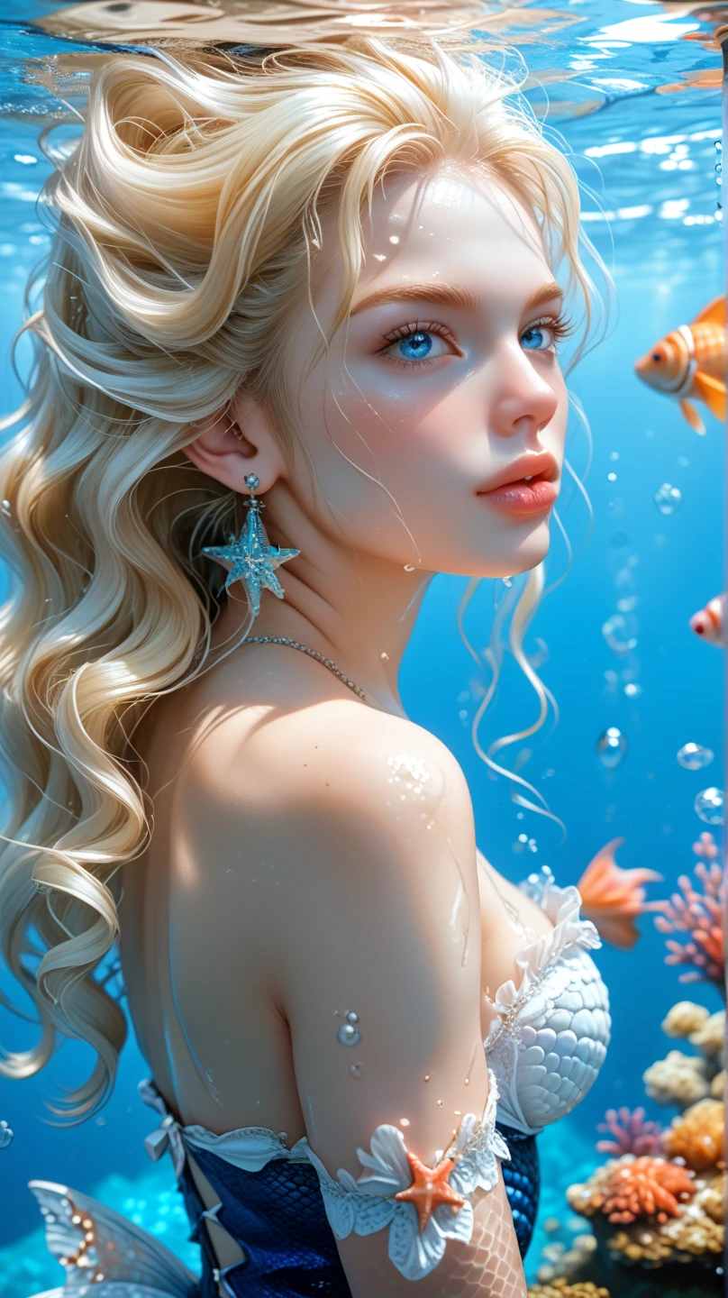  Unrealistically beautiful blonde with a chiseled figure ,  with big blue eyes ,  with long white hair , sharp nose, plump lips, pale face,  European face type , тип фигуры песочные часы 90-60-90, mermaid,  beautiful detailed tail , shiny scales, under water,  bizarre underwater world , держит в руках маленького светящегося голубым неоновым светом морского конька  bizarre й формы , Clear Detail ,  starfish, fishes, seahorses, Armed,  bizarre , masterpiece,  fantasy,gmper realistically 