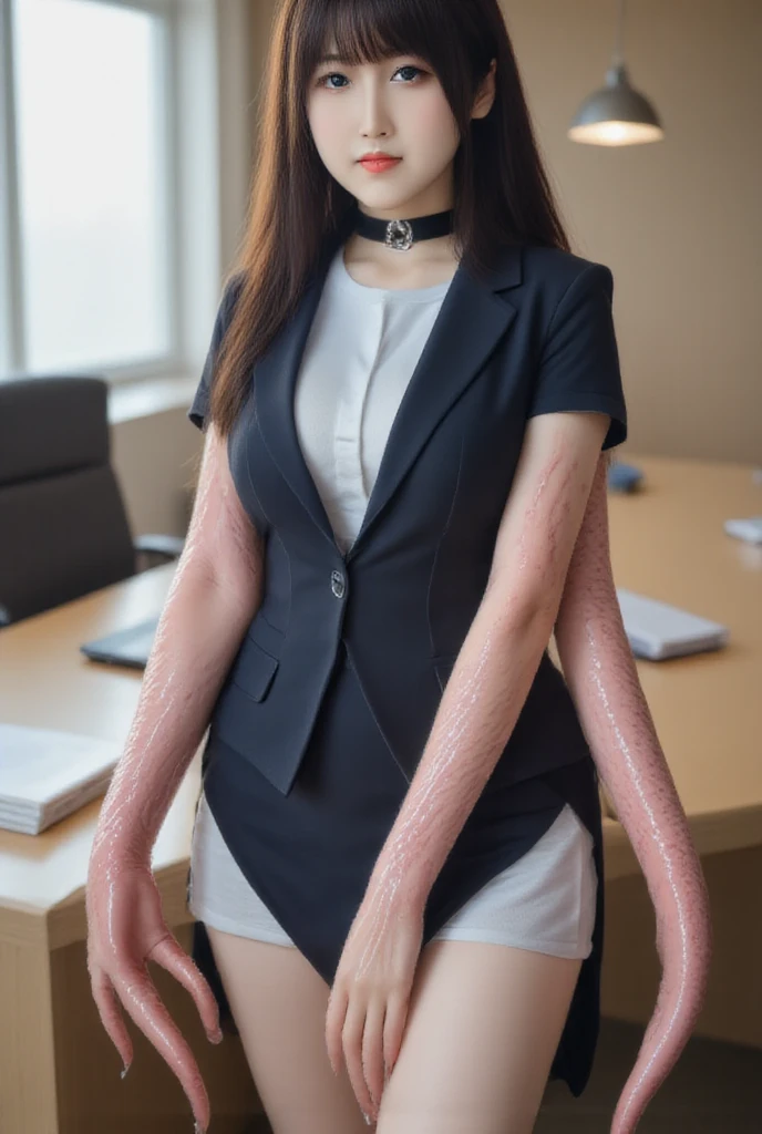 black clothes,,caucasian , tanned, work clothes,Show legs,bare legs,slender legultiple hands, multiple legs, weird aliens in the background, postatomic scenary, one arm grow from chest, three eyes