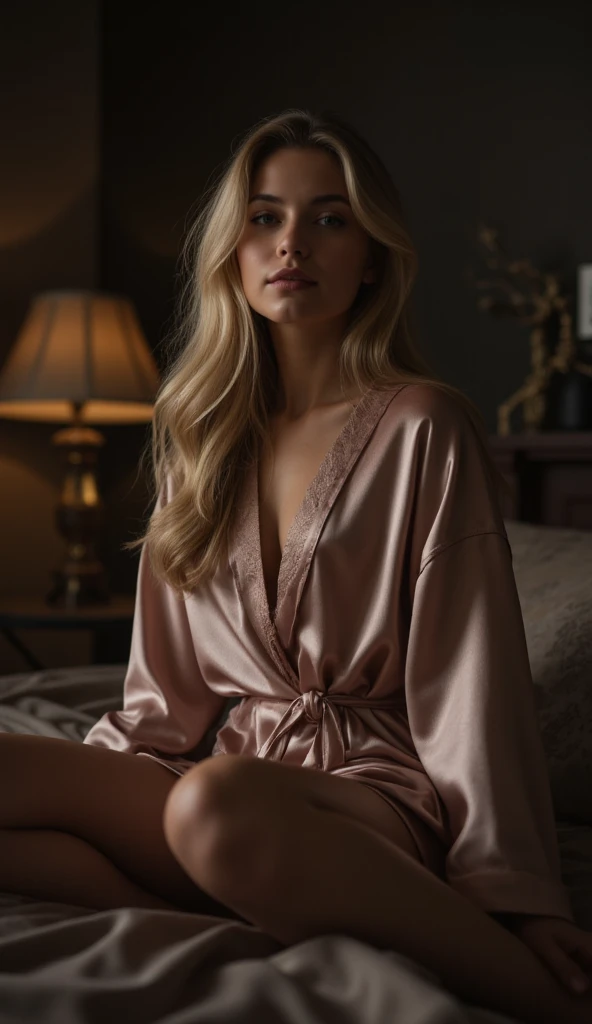 1girl in, age19, Solo, Long wavy hair, messy wind blown hair, blondehair, Full body, Colossal , facing viewer, laying on bed, laying down, in bed, (extremely detailed 8k wallpaper), soft lighting, high quality, film grain, Fujifilm XT3 sharp focus, f 5.6, 50mm, High Detail, Sharp focus,(natural light), (seductive), nighty, lace, grey silk nighty, revealing, Realistic, crazy details, complex details, hyperdetailed, A sexy