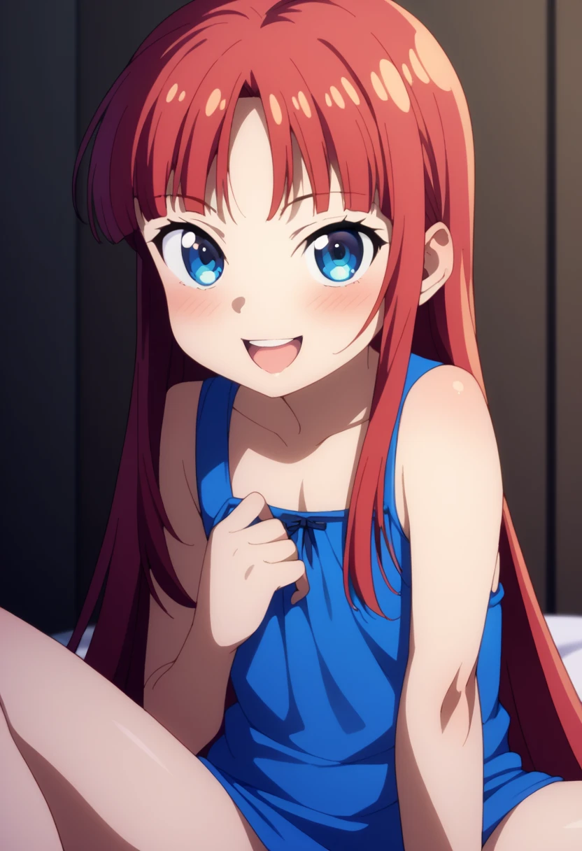 (( top quality)), ((masterpiece)), (be familiar with),  perfect face, indoor, bedroom,  viewer,
One woman,  Yukiko Aikina,
 open mouth,  ecstatic expression with hands in front of body, blush, smile,
 small ,  flat chested, Young girl, Lori,  kids,  girl,
 long hair,  long hair,
Leg spread,