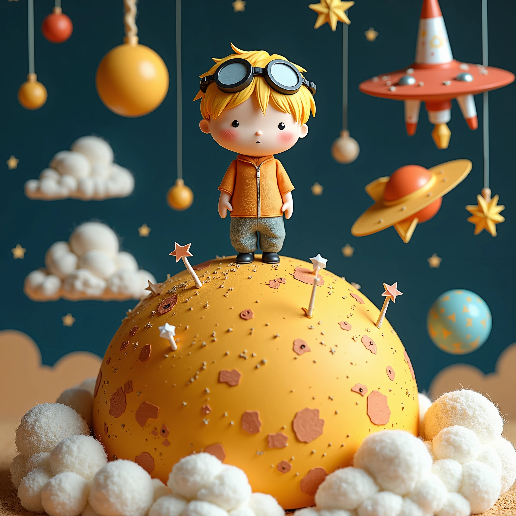 masterpiece:1.2,  outer space ,  Three-dimensional illustration made using cardboard or cloth :1.4, A round planet made of cardboard , Kiriki Boy Standing on a Planet ,  wearing goggles on his head, dressed like a pilot , Blonde, Simple eyes, ( near a star-shaped spaceship , Spherical shield , cockpit), Stars and celestial bodies made of origami are hung from above with fluffy yarn:1.2, prince on a star