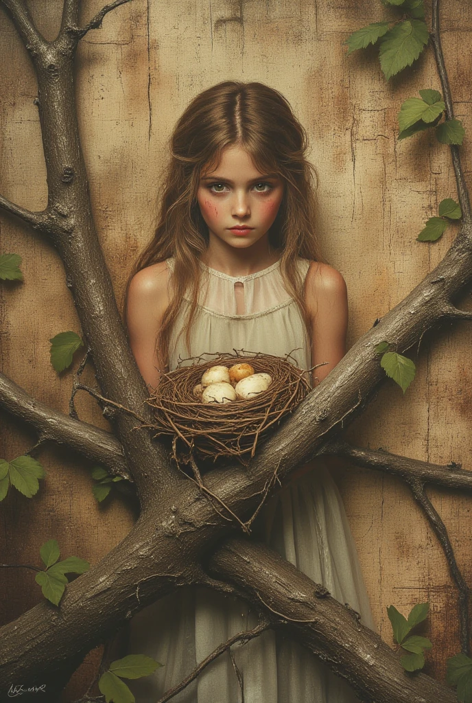 background is rough burlap, relief, oil painting, girl, thin smooth lines, long strokes, light delicate shades, clear contours. nest on a tree branch, + 36.5 mm f0 cinematic quality, + style by Jeremy Mann, Peter Elson, Alex Maleev, Ryohei Hase, Raphael Sanzio, Pino Daeni, Charlie Bowater, Albert Joseph Penaud, Ray Caesar, HR Giger, Gustave Doré, Stephen Gammell, a masterpiece of artistic portraiture, multi-layered sheets, techniques used: sfumato, chiaroscuro, atmospheric perspective.