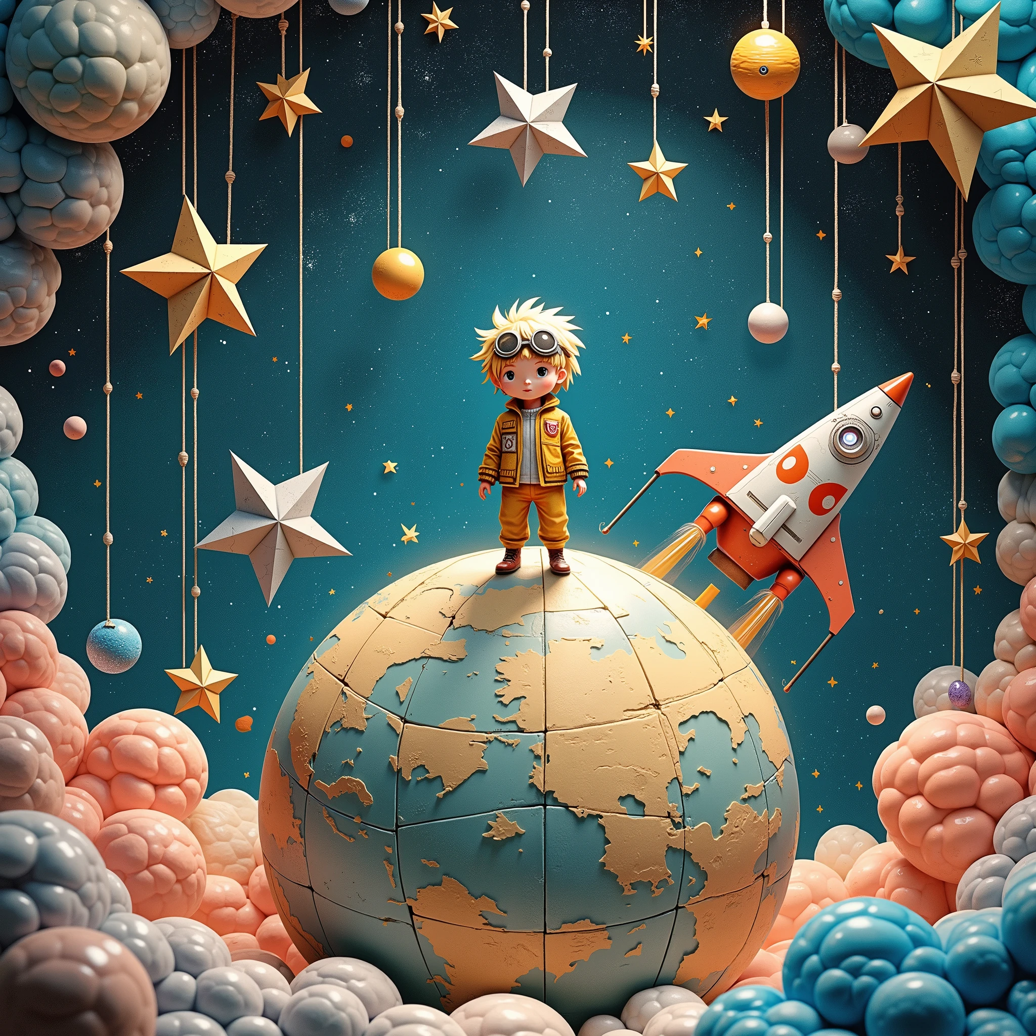 masterpiece:1.2,  outer space ,  Three-dimensional illustration made using cardboard or cloth :1.4, A round planet made of cardboard , Kiriki Boy Standing on a Planet ,  wearing goggles on his head, dressed like a pilot , Blonde, Simple eyes, ( near a star-shaped spaceship , Spherical shield , cockpit),  Stars and celestial bodies made of origami are hung from above with yarn, prince on a star