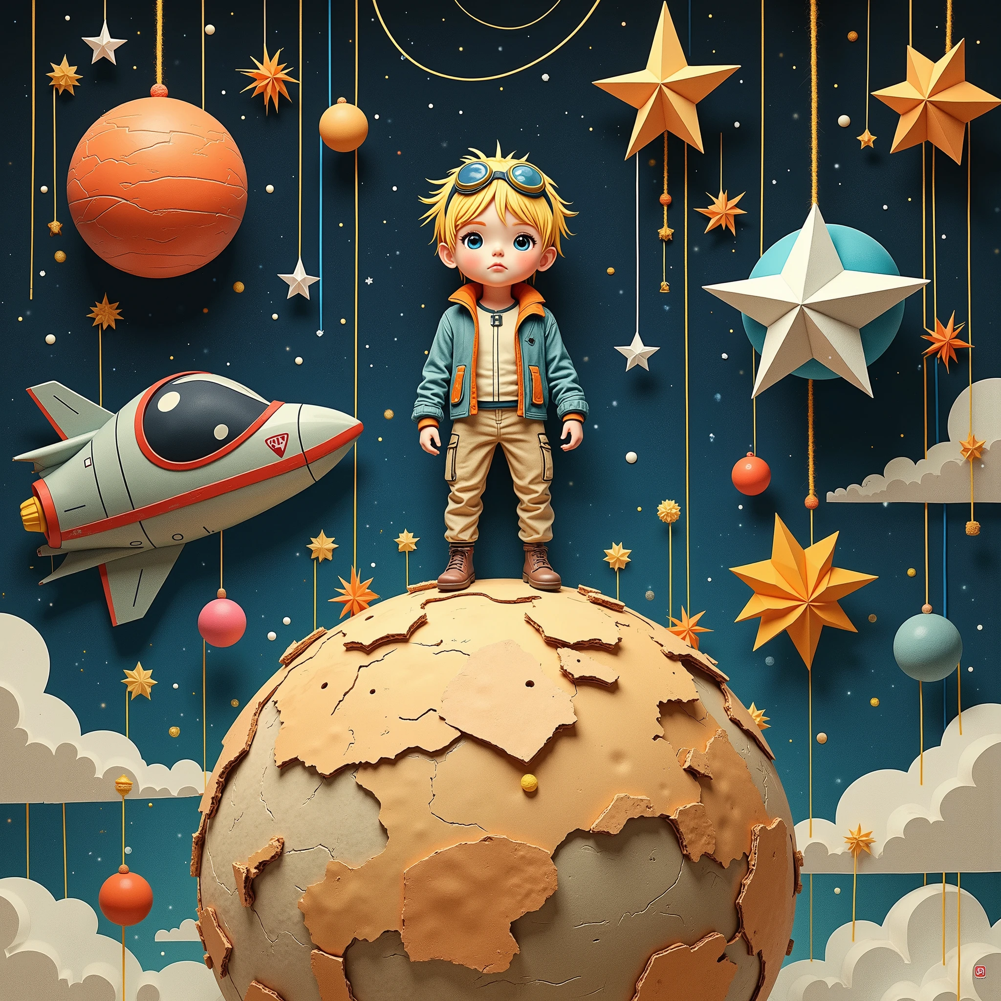 masterpiece:1.2,  outer space ,  Three-dimensional illustration made using cardboard or cloth :1.4, A round planet made of cardboard , Kiriki Boy Standing on a Planet ,  and I wear goggles on my head,I'm dressed like a pilot , Blonde, Simple eyes, ( near a star-shaped spaceship , Spherical shield , cockpit),  Stars and celestial bodies made of origami are hung from above with yarn, prince on a star