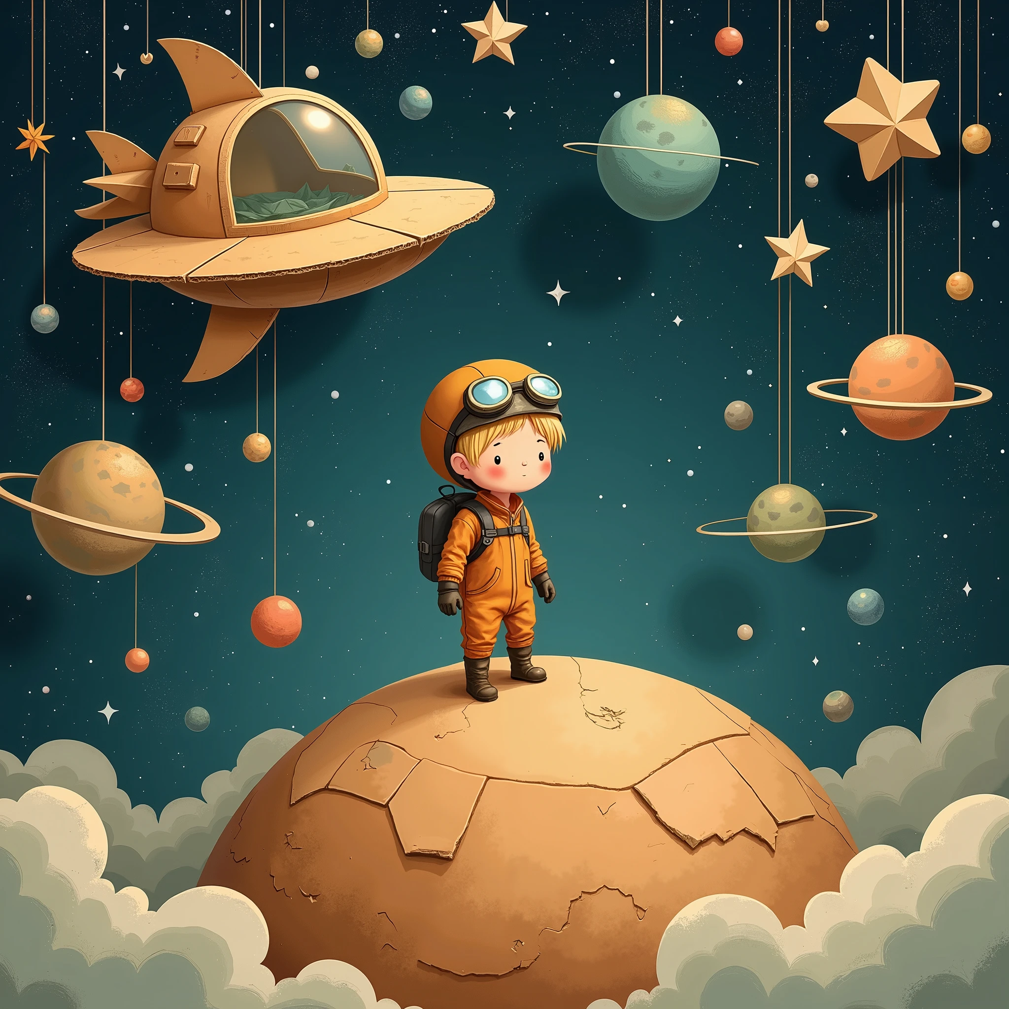 masterpiece:1.2,  outer space ,  Illustrations made by crafting using cardboard or cloth :1.4, A round planet made of cardboard , Boy standing on a planet ,  I'm wearing goggles on my head, dressed like a pilot , Blonde, Simple eyes, ( near a star-shaped spaceship , Spherical shield , cockpit),  Stars and celestial bodies made of origami are hung from above with a thread, prince on a star