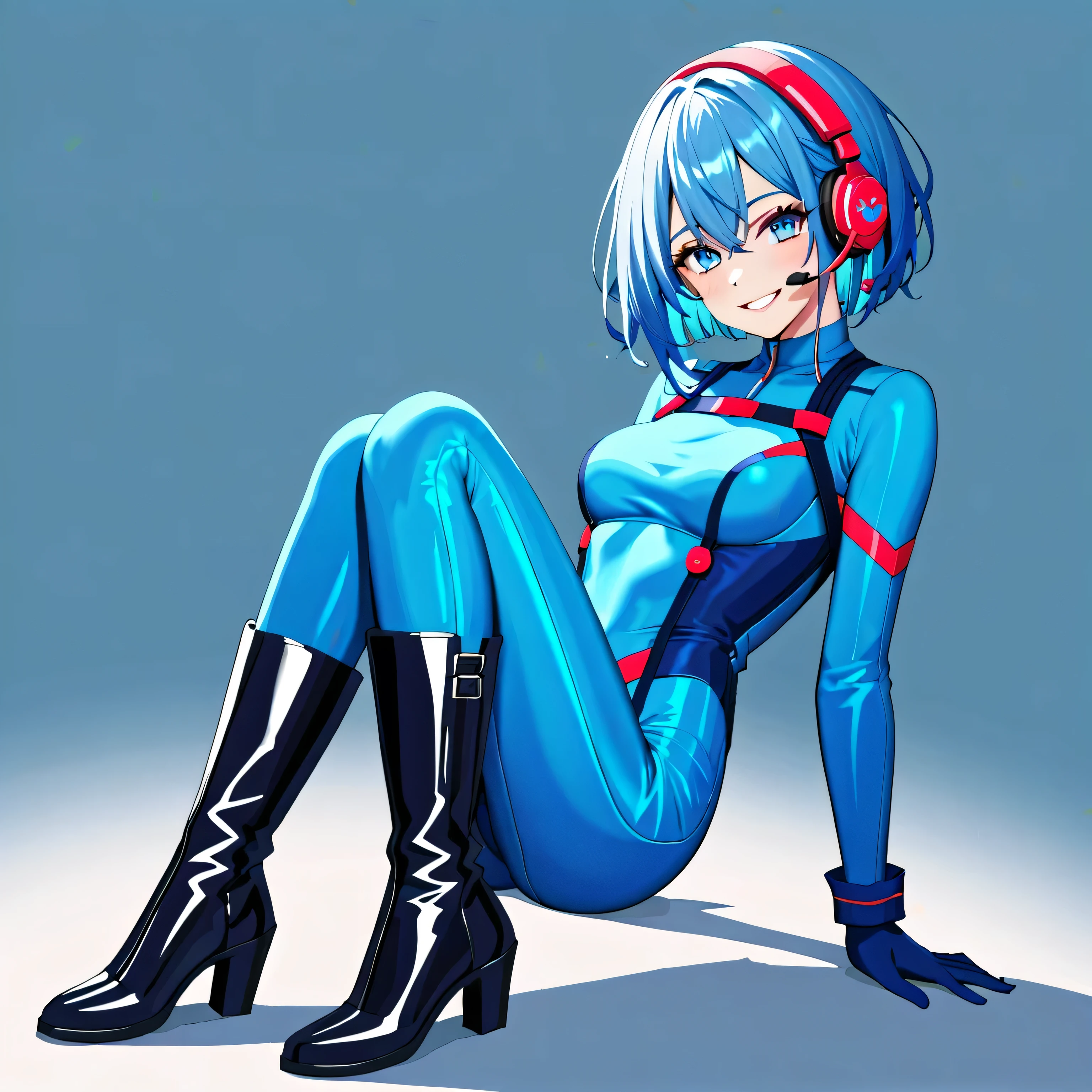 (masterpiece、Highest quality、Highest Resolution、Clear_image、Detailed details、The angle is from above): (A full-body view of a single girl with a Japanese face and small face、Navy blue high knot ponytail、Small breasts、Sparkling blue eyes、Pilot suit in white and navy blue colors、Tight fitting clothes、Clothing that covers the whole body、Tight Fit Pants、Hide your skin、Covering the thighs、Cover your shoulders、Very delicate and beautiful、Slim body、Cute、A gentle smile、Soft expression、heroine、headset、Knee-high boots、Elbow-length gloves)、（Simple Background、White background:1.5）