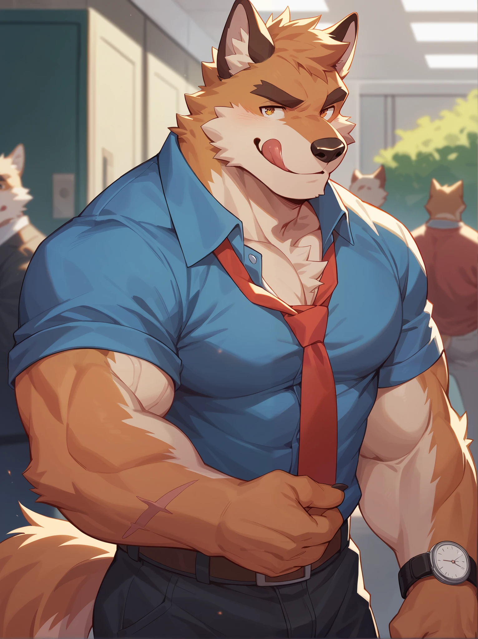 .Yuezai ,watch, ,,,wristwatch, male focus, 1 boy,Tongue, alone,Tongue out,Dog Boy, have, Muscular male, Muscular , furry male,man, furry ,Dog ears,have,Animal ears, looks at the audience,Brown fur,dog Tail,:ask,Tail,Chest muscles,large Chest muscles, Orange fur,Thick eyebrows,shirt,tie,Thick Arms, Smile,scar,vein,Mature men,Licking lips,belt,blue shirt,Short hair,From the side, ,upper body BREAK Fraction_9_up,Fraction_8_up,Fraction_7_up,deTailed fur, furry fur,deTailed fur texture,