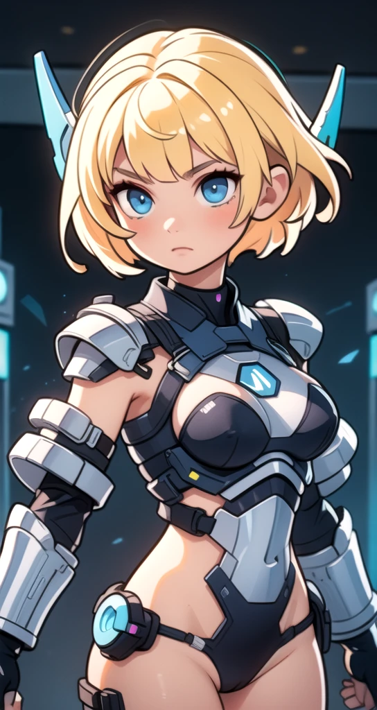 Center, whole body, | Blonde Hair Color, Blue Eyes, | girl in whole body blue neon futuristic armor,Micro bikini underneath 