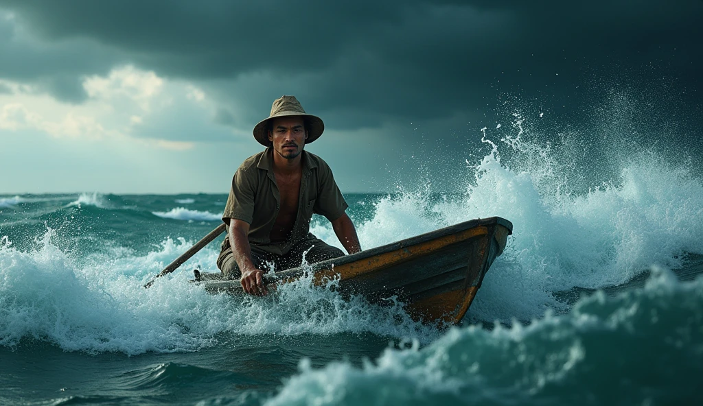 Kai is a lean, wiry teenager with tanned skin from long days spent under the sun. His hair is dark and unruly, onboard at holding the mast ..The ocean unleashing its fury, with towering waves crashing violently against a tiny boat, tossed around like a leaf in the wind."**