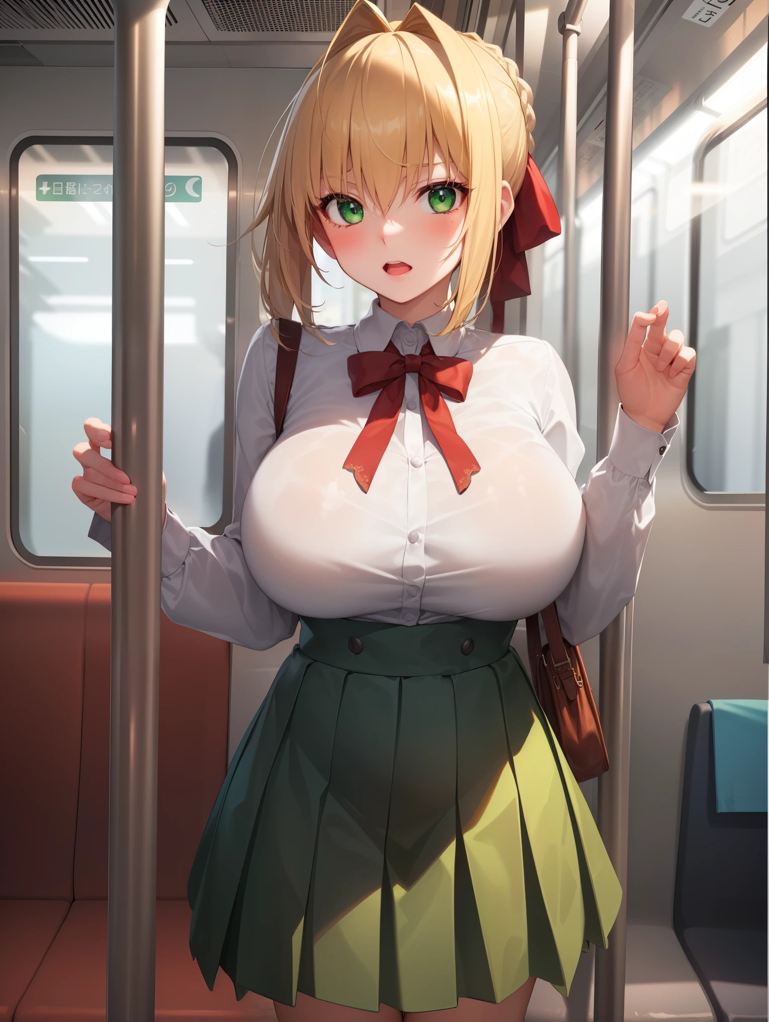 1girl,fgonero, nero, ahoge, blonde hair, (green eyes:1.5), hair between eyes, hair intakes, (Large Breast:1.4),
BREAK ((long sleeves, skirt, green skirt, pleated skirt, short skirt:1.2)),
BREAK ((the girl was harassed while on the train:1.5))
BREAK (masterpiece:1.2), best quality, high resolution, unity 8k wallpaper, (illustration:0.8), (beautiful detailed eyes:1.6), extremely detailed face, perfect lighting, extremely detailed CG, (perfect hands, perfect anatomy),