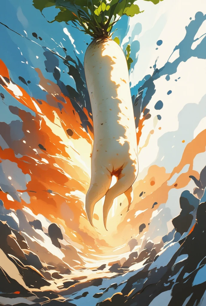 Create an abstract digital art piece that portrays the tumultuous energy of a tornado storm with a giant Japanese white radish floating at its core, using bold strokes and a vivid color palette. The artwork should convey movement and tension through abstract forms and shapes, blending deep blues, fiery oranges, and bright whites to create a visual explosion around the central radish. The daikon itself is reduced to an iconic silhouette or mere impression, identifiable by its recognizable form yet abstract in its execution. Its giant shape provides the focal contrast against the swirling chaos of colors and shapes, a visual anchor amidst the storm's abstract frenzy. Lines and curves should flow dynamically across the canvas, mimicking the wind's impossible strength and speed while interspersed with intense bursts of light and shadow to heighten the dramatic effect. Viewers should feel the intense emotion and uncontrolled power of the storm, encouraged to perceive their interpretation of the radish's symbolic meaning within this abstract representation of nature's fury.