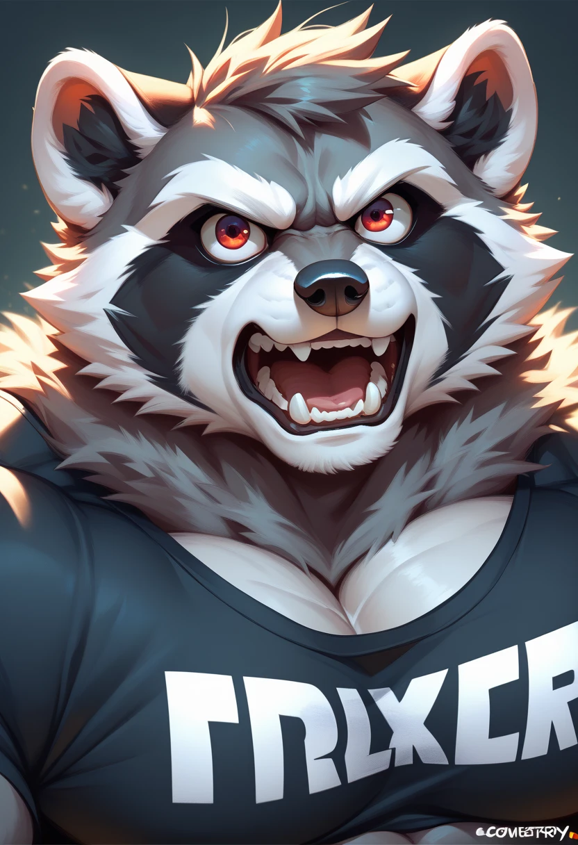 muscle raccoon, (((raccoon))), procyonid, furry, (thick, muscular, hypertrophy), ((gray fur)), (big eyes, red eyes), male, long snout, wide snout, black nose, (((focus on face))), ((massively muscular)), ((massively huge pecs)), ((very thick fur)), ((muscular neck)), ((freaking angry)), open mouth, showing teeth, stretched t-shirt, black t-shirt