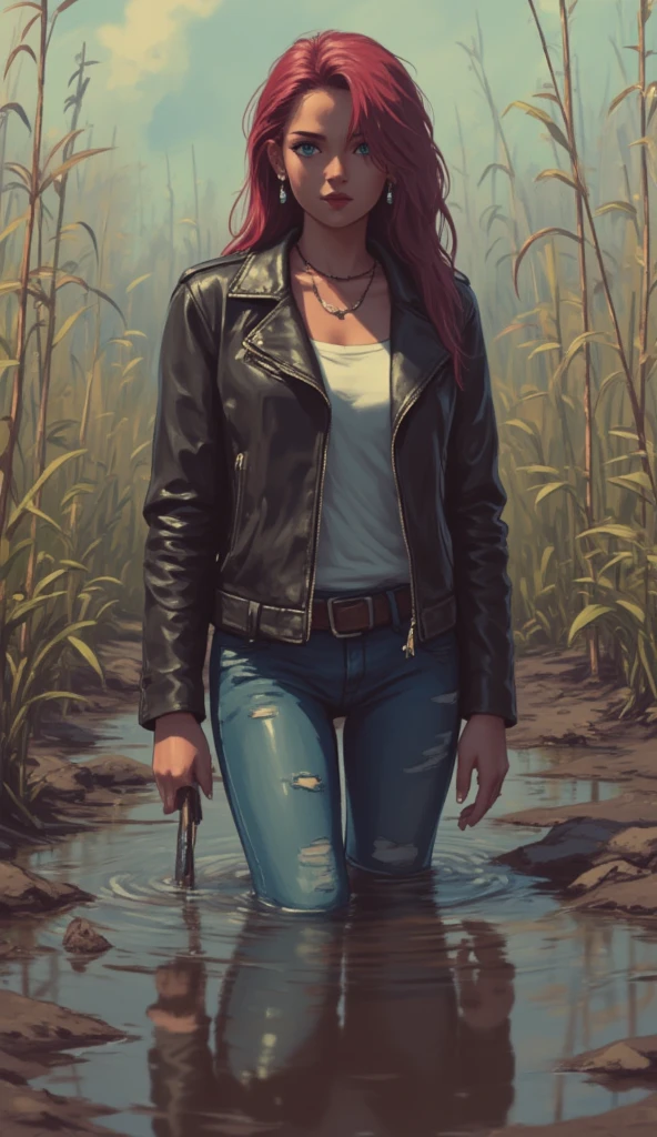 extremely detailed, pale woman sinking in sludge bog, in leather jacket and t-shirt and jeans, reeds,orgasm posing, ритуальный макияж жертвы. красный, зеленый, синий,