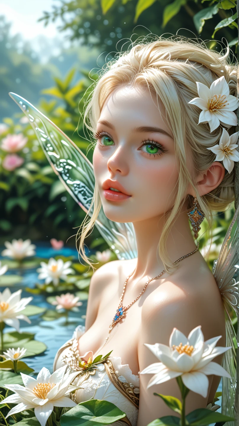  Unrealistically beautiful blonde with a chiseled figure ,  big green eyes ,  with long white hair , sharp nose, plump lips, pale face,  European face type , тип фигуры песочные часы 90-60-90, a nymph,Fairy,  beautiful detailed transparent wings behind his back, in the garden sits on a blossoming lily flower ,  ,четкая detail, flowers, trees, Sun, Hummingbirds, detail, masterpiece,  fantasy, bizarre ,magical