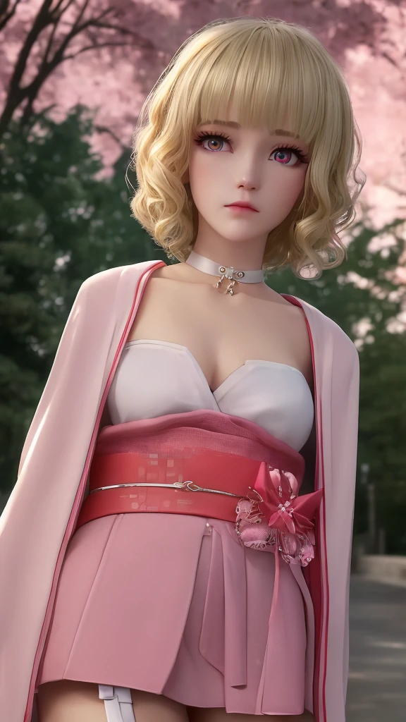 (form front), (close-up), (choker), woman, kimono, standing, garter belt, stockings, melancholy expression, (short curly hair), (blonde hair), (pink eyes), (nighttime and city garden), peerless beauty, 4k quality, gorgeous light and shadow, Tyndall effect, highly detailed, the best quality, 8k quality,Narin,1 girl,Beautiful eyes