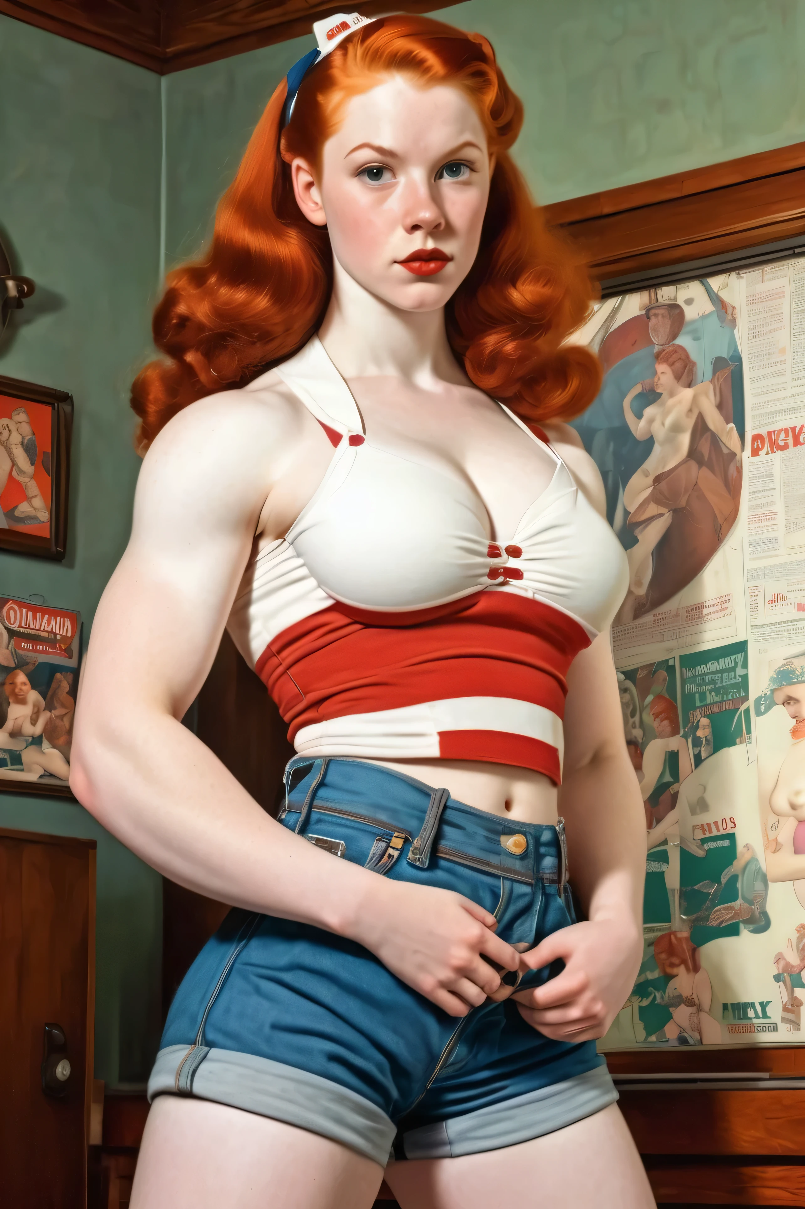 pale skin muscular redhead teenage girl huge breasts in the style of Norman Rockwell