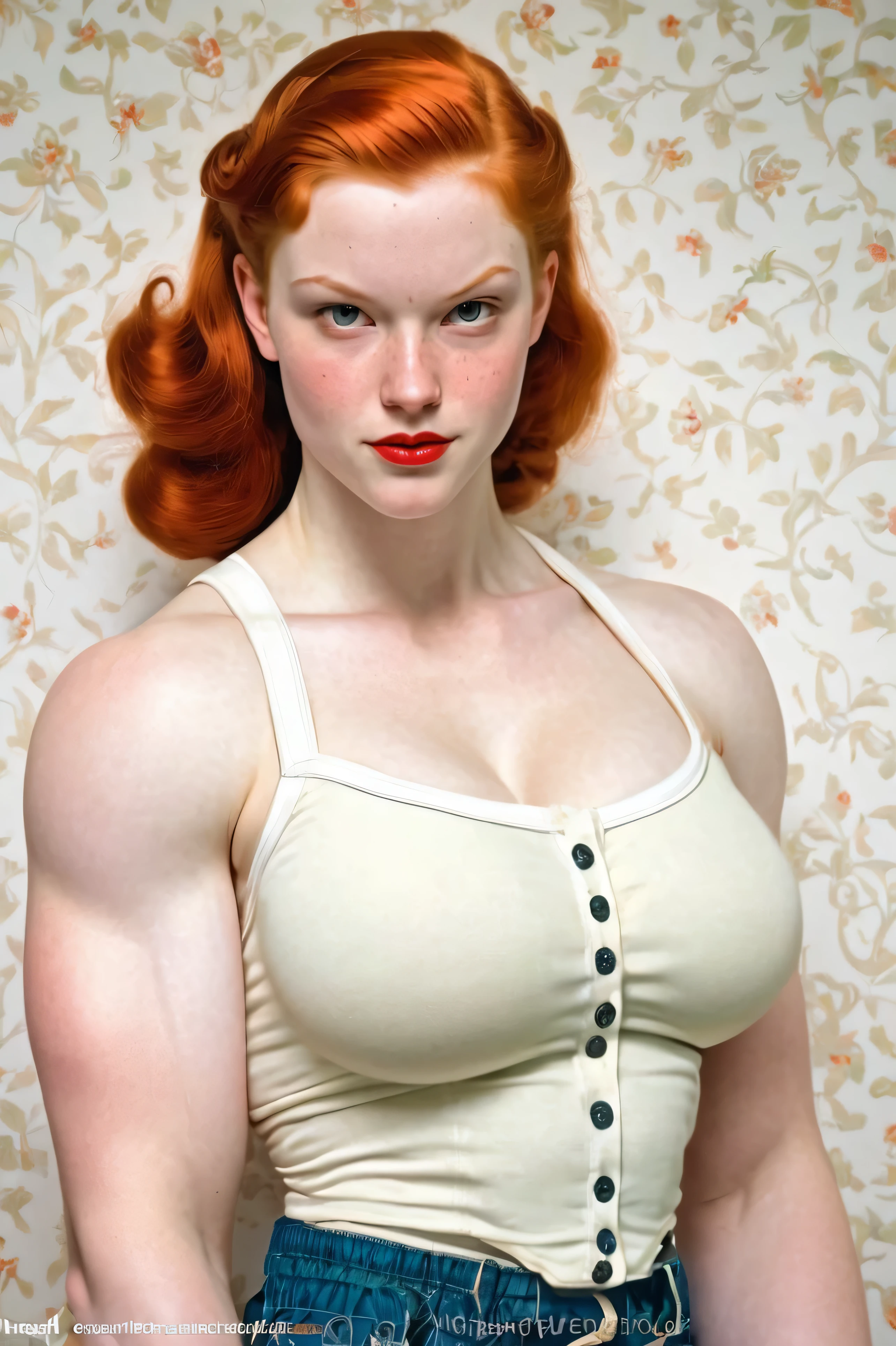 pale skin muscular redhead  girl huge breasts in the style of Norman Rockwell