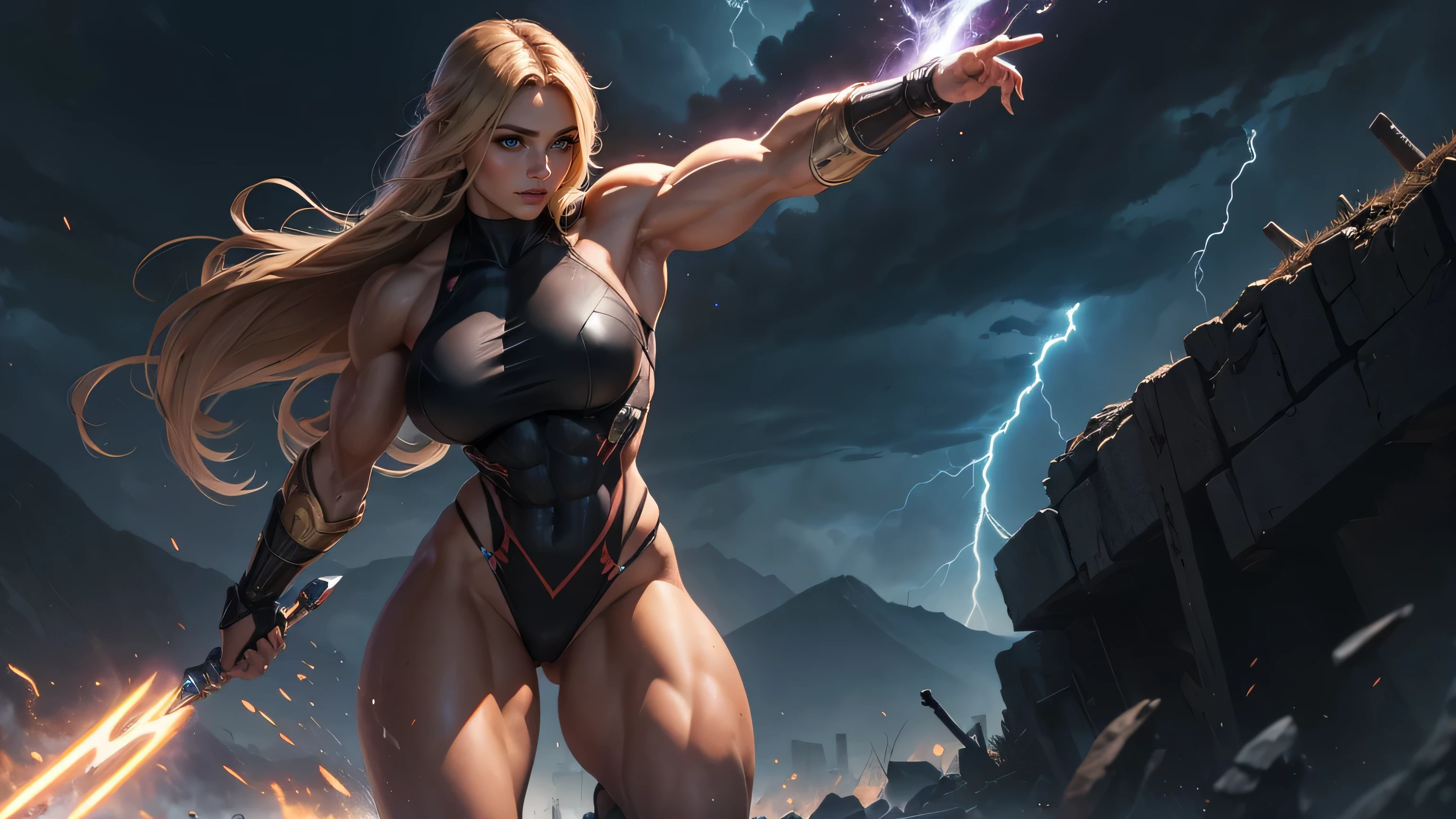8k quality, digital art style, action pose. (((1girl, solo))), Super female bodybuilder has enormous muscles and gigantic goddess-like bust straining the suit, long blonde hair, glowing eyes, angry expression, , growing bigger and more powerful, growing gigantic, looming, (((intense glowing blue eyes))). Hyper muscular. ((thick visible hypermuscular flexed powerful 8-pack abs)):1.8, hourglass (((clenched fists))), ((thick muscular arms)), ((huge biceps)), ((huge abdominals)), ((pectorals)),  detailed pupils, cute, gorgeous,. Blue suit with a star in her chest. Super wide broad shoulders. Electricity crackling and sparking around her eyes. Glowing eyes.
