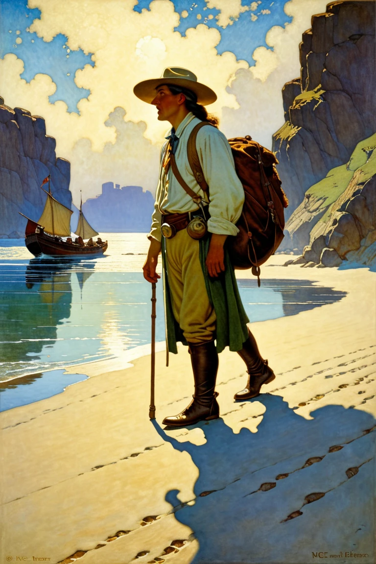 Lone Traveler, by N.C. Wyeth.
best quality, masterpiece, intricate details, ultra-detailed