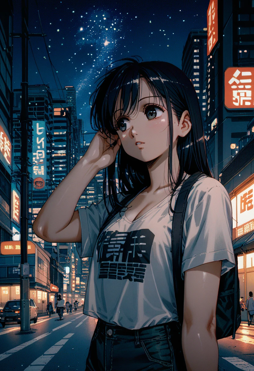 A black-haired woman looking out over the city of Tokyo,Night starry sky,Streetscape、listen to music、Japanese　Black Hair　Cleavage Skyscraper City　Wear a white Y-shirt