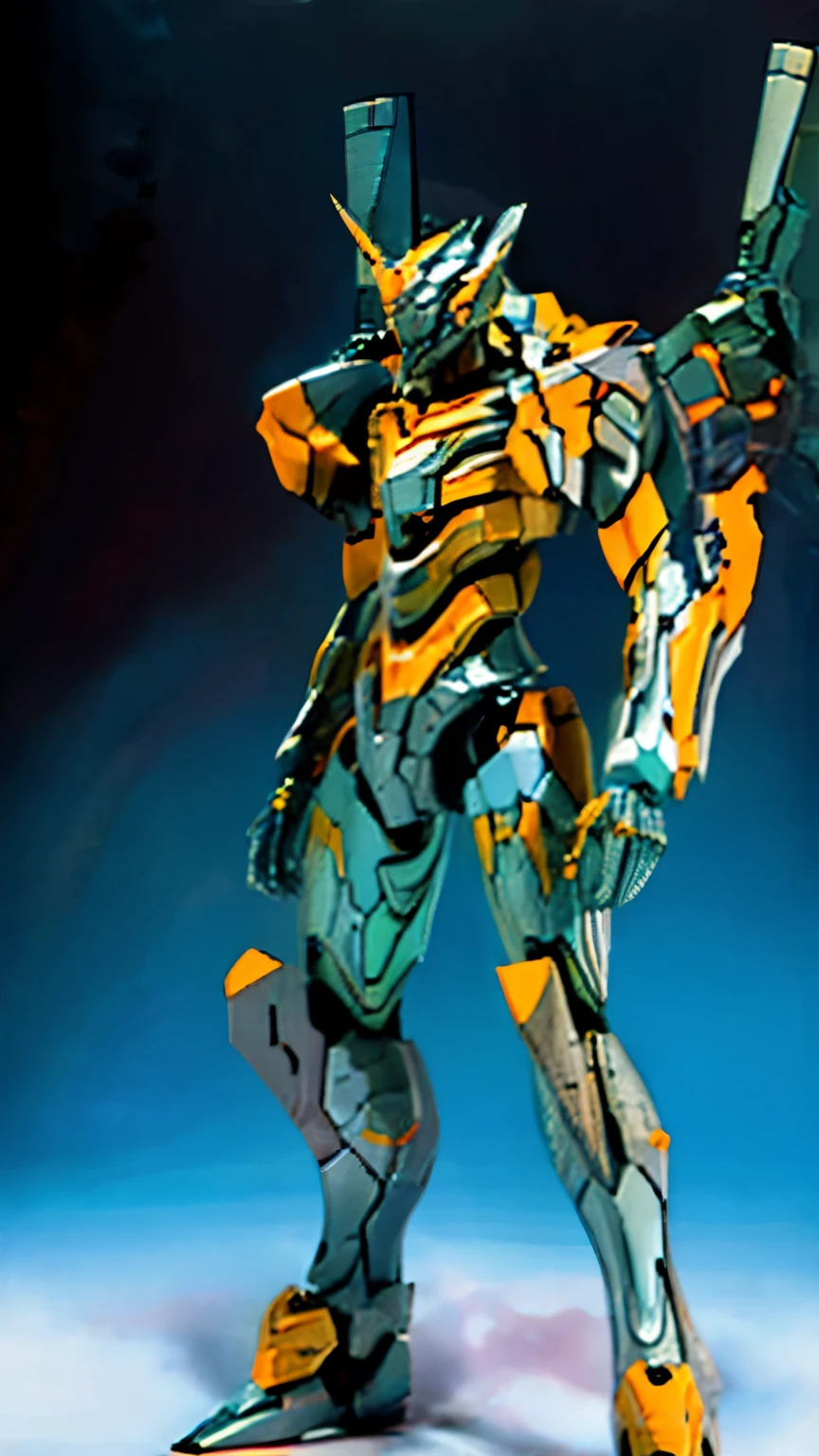 masterpiece, high quality, phot realistic,EVA mark4, science fiction, evangelion, color blue and yellow, ((hard surface)), fine concept art, natural lighting,full body shot,