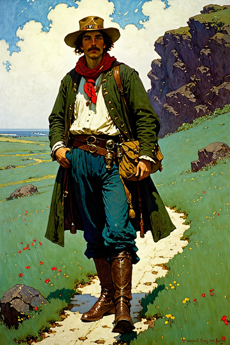 Lone Traveler, by N.C. Wyeth.
best quality, masterpiece, intricate details, ultra-detailed