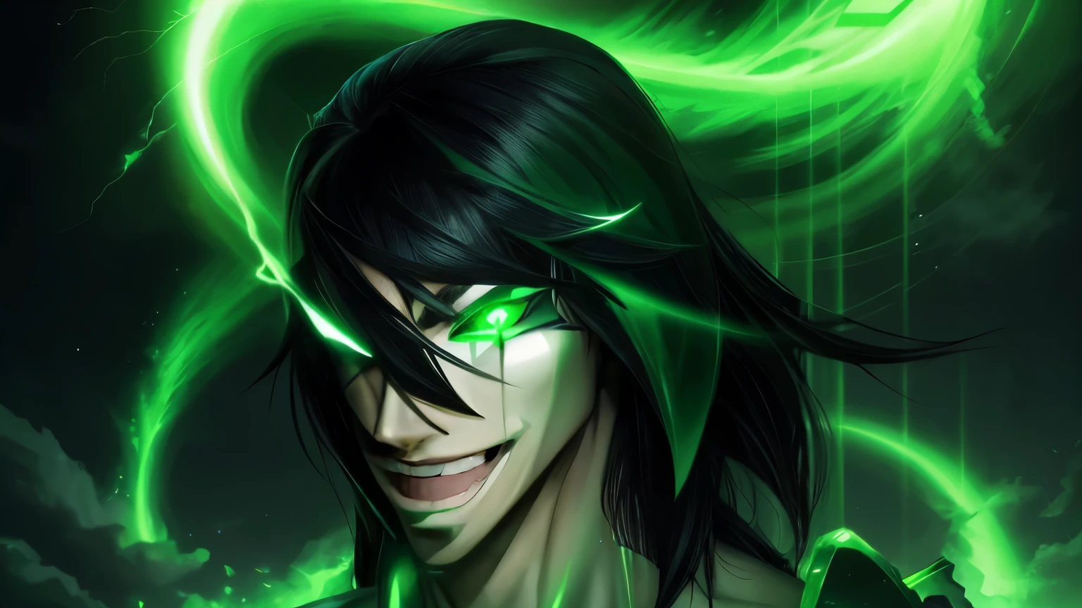 A tall young man with long black hair stood in front of a green pattern, muscular with a green aura. His right eye shone with a green aura like a short lightning.