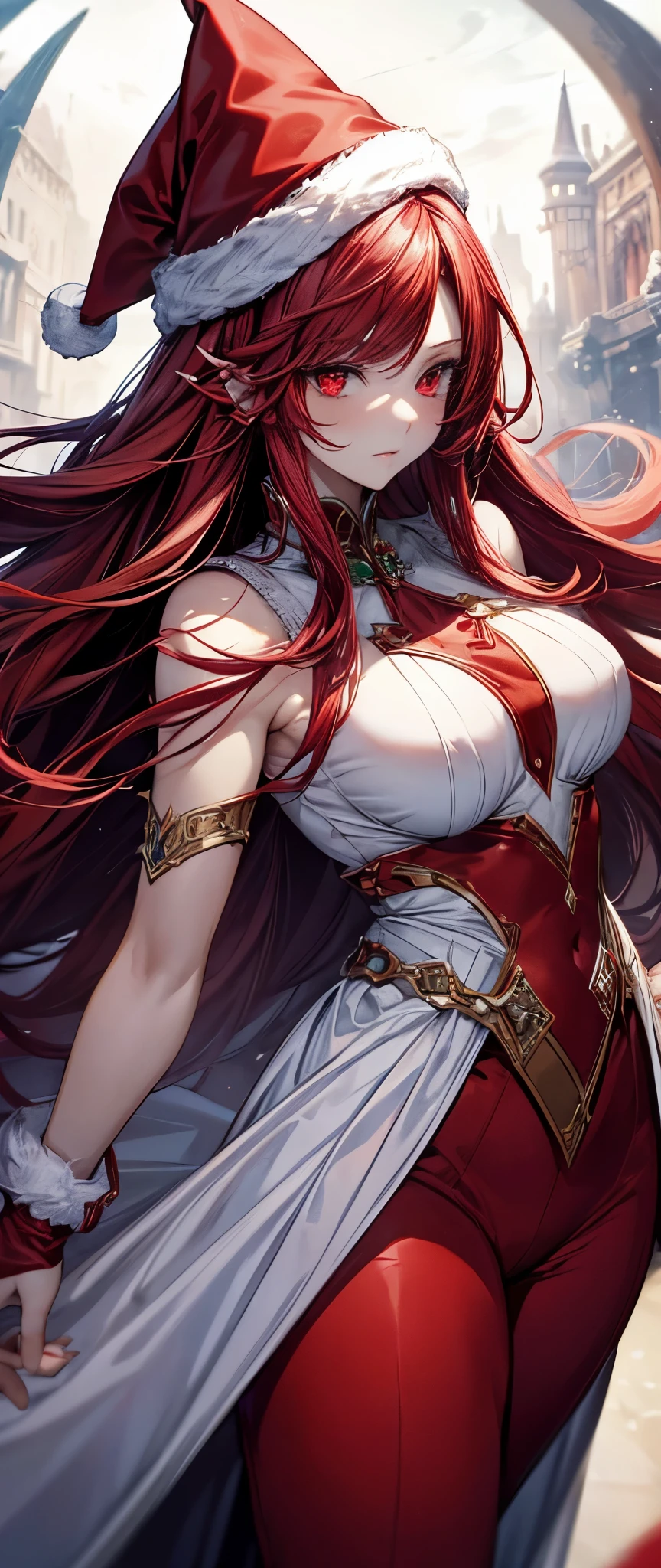 female, sfw, very tall, fit, abs, muscular, thin waist, tan, long auburn hair, scars, ponytail, big hair, wild hair, yellow eyes, slit pupils, red dragon tail, red head fins, red scales on arms, scale hands:1.3, dragon claw hands, day, beaming smile, very large breasts, medieval town, fire tail, white sundress, date,