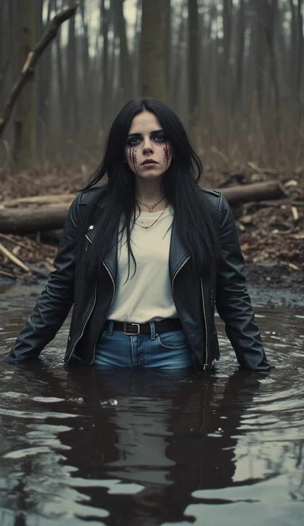 surreal setting, pale woman sinking in sludge bog, in leather jacket and t-shirt and jeans, reeds,orgasm posing, victim ritual makeup. 