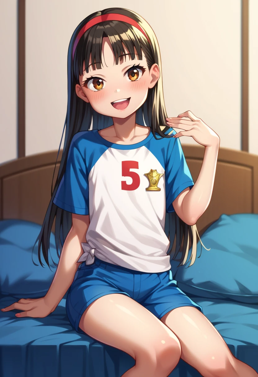 (( top quality)), ((masterpiece)), (be familiar with),  perfect face, indoor, bedroom,  viewer,
One woman,  Yukiko Aikina,
 open mouth,  ecstatic expression with hands in front of body, blush, smile,
 small ,  flat chested, Young girl, Lori,  ,  girl,
 long hair,  long hair,
Leg spread,