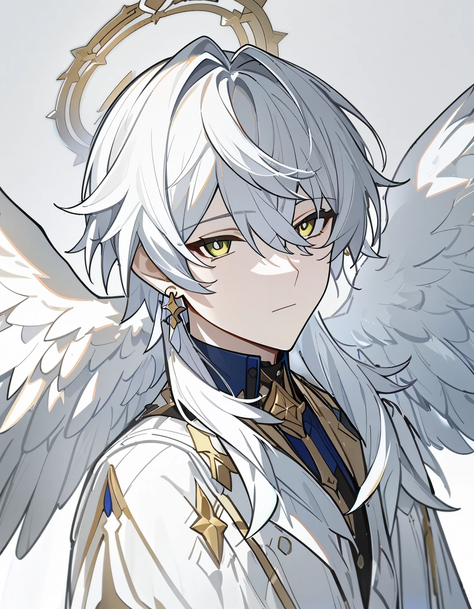 1 male, white hair, sunday(honkai:star_rail) clothes, (best quality,4k,highres,masterpiece:1.2), ager, expressionless, emotionless, white_gloves, jacket, eyelashes, simple_background, halo, wings, white_background, feathered_wings, 1boy, upper_body, male_focus, earrings, star background