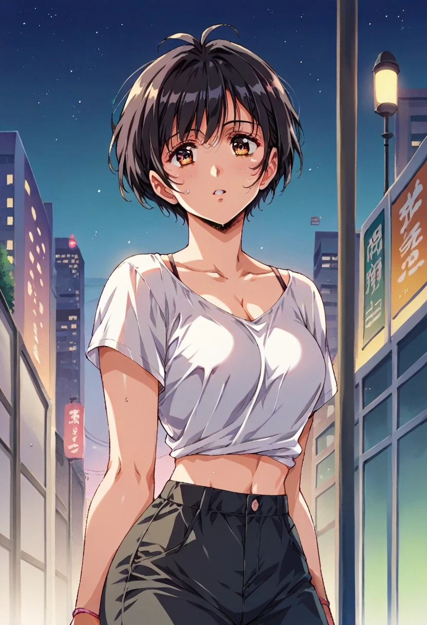  A black-haired woman looking out over the city of Tokyo,Night starry sky,Streetscape、listen to music、Japanese　Black Hair　Cleavage Skyscraper City　Wear a white Y-shirt