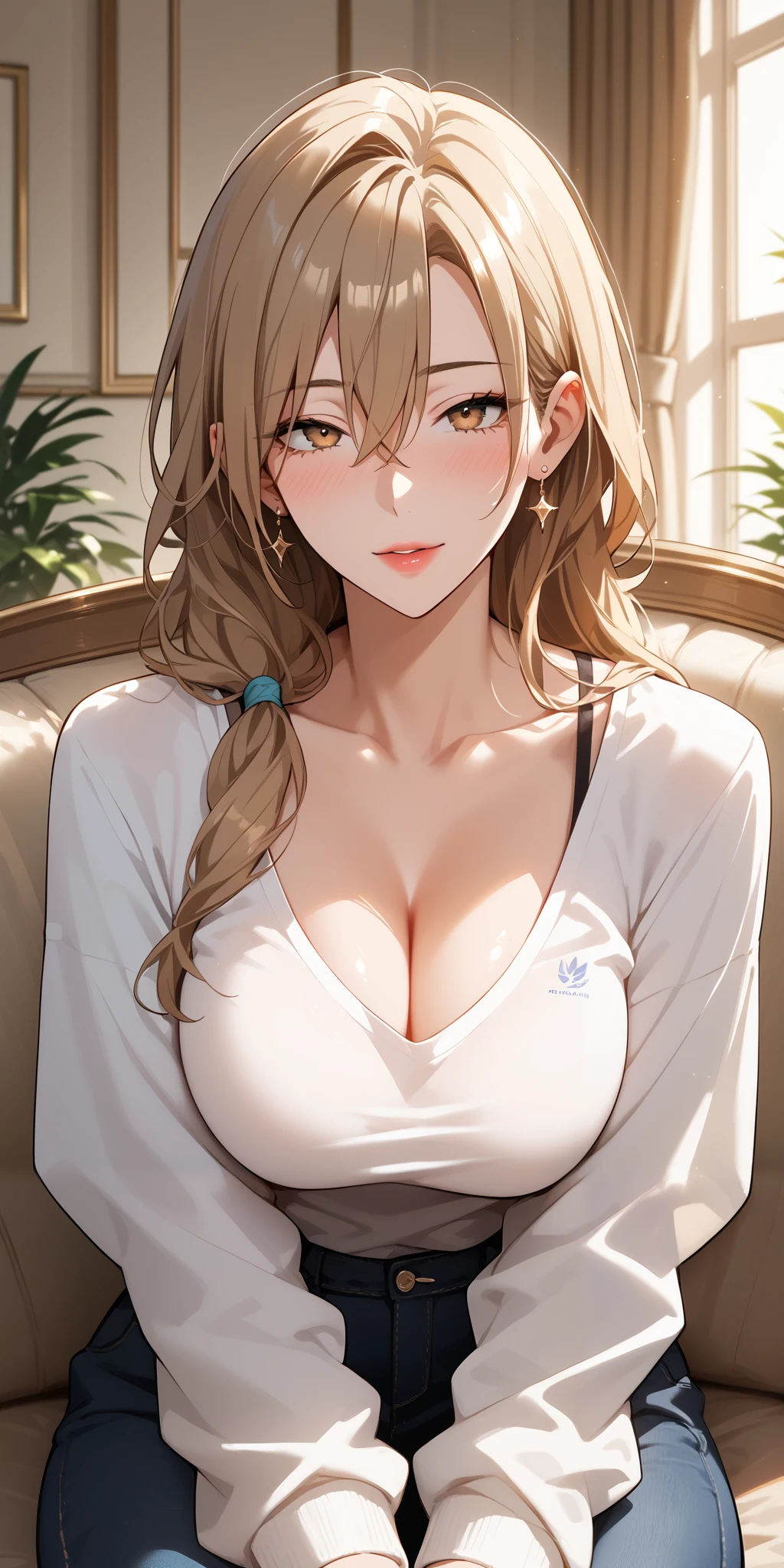 Score_9, Score_8_up, Score_7_up, Source_anime, anime art, anime style, very aesthetic, masterpiece, high quality, 1girl, seductive mature woman, milf, long sleeve, t-shirt, cleavage, brown hair, long hair, hair between eyes, home, soft light, mfant, sit on the sofa, close up pov, blushing