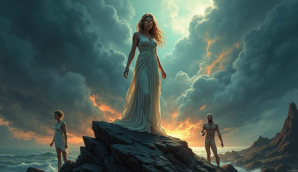 Woman with sky in the background and a man below with hell in the background 