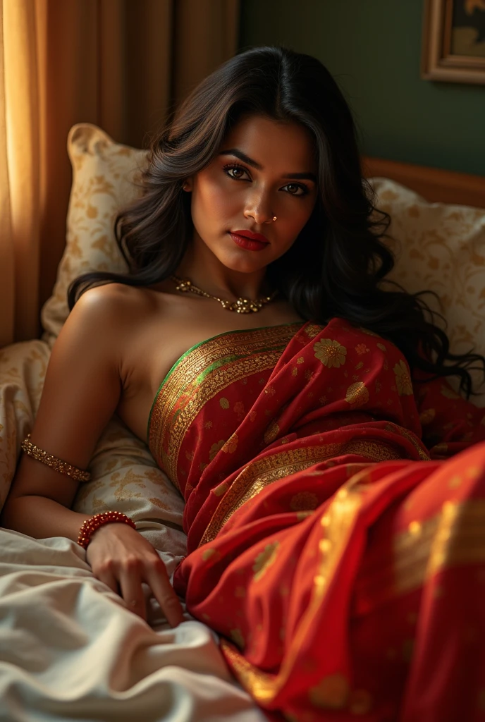 Lies on her back on bed, red lips, nose ring, wearing hot and sexy saree, curvy body, 