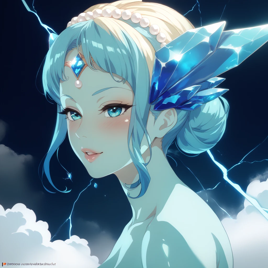  a beautiful, amazingly naked girl perched on a bright blue crystal pearl  ,  surrounded by a spiral and shiny fog ,  in a surreal ,  a blue dragon gliding around her head showing behind her ,  as the flash of lightning illuminates her perfection ,  bright features , With a charming ,  cinematic glow ,  and dynamic ,  intricate details ,  in a highly realistic environment , digital painting,  sci-fi work of art .