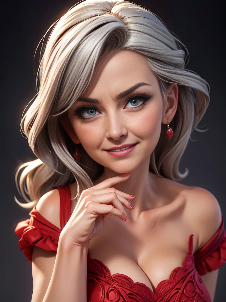 a sexy elderly woman, looking at viewer, smile, ((1woman)), beautiful detailed eyes, cleavage, wrinkled face, elderly skin, long grey hair, wearing a red dress, sensual pose, seductive expression, dramatic lighting, dramatic shadows, cinematic lighting, chiaroscuro lighting, vibrant colors, baroque style, detailed background, photorealistic, 8k, high quality, masterpiece